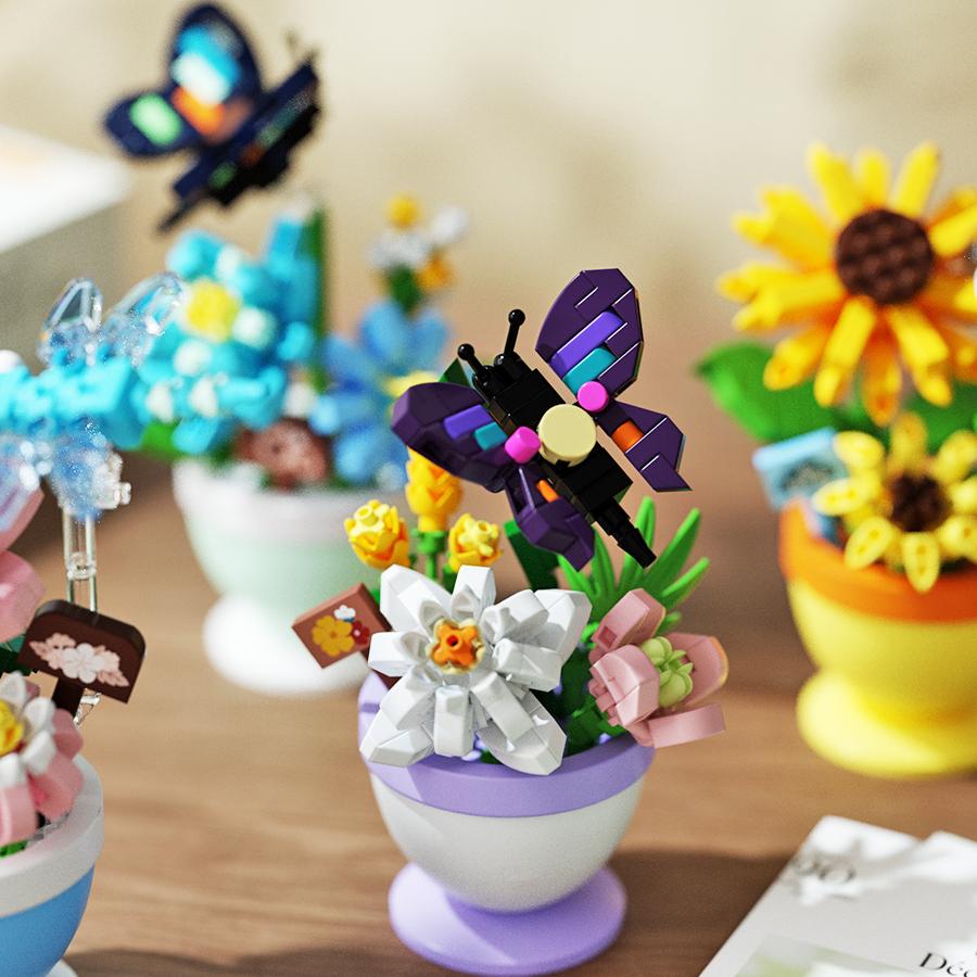 Potted Plant Assembly Blocks, Bees, Sunflowers, Animals, Insects, Plant Assembly Models, Children's Toys, Birthday Gifts