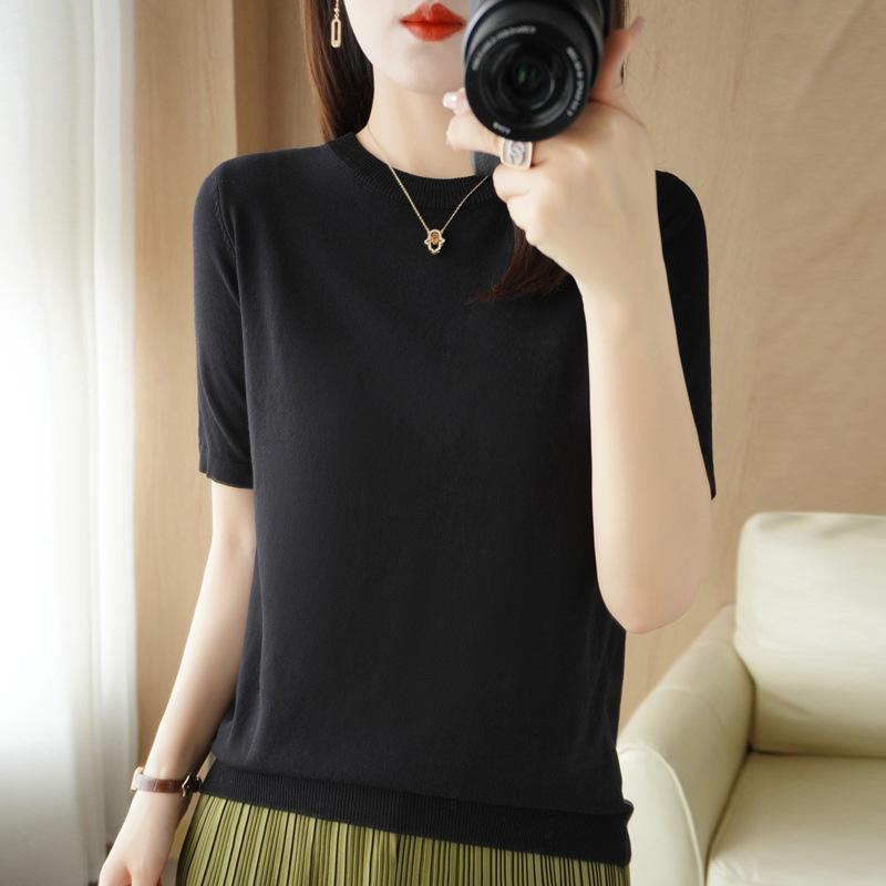 Ice Silk Round Neck Sweater Short-sleeved Women's Summer New Simple Versatile Top Fashionable and Atmospheric T-shirt