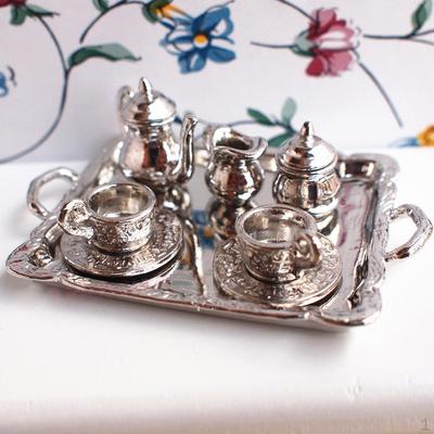 Set 10 Piese Aliaj Argintiu Capac Ceainic Căni Tavă :12 Miniaturi Casă de Păpuși Mobilier Casă de Păpuși