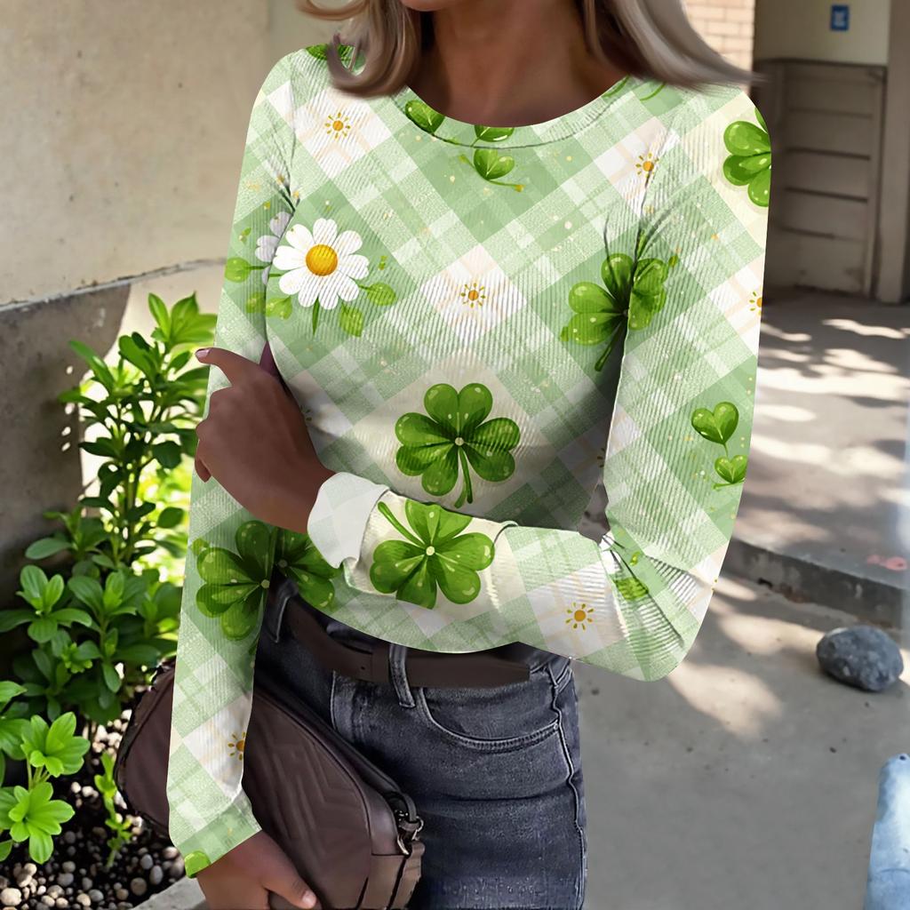 Women's And Winter Slim T-shirt Fashion Casual Printing Round Neck Pullover Long Sleeve Top