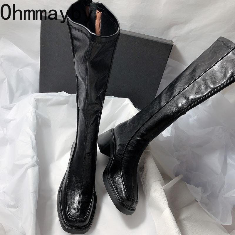 Vintage Thick Heel Women Knight High Boots Fashion Side Zippers Shoes Autumn Winter Ladies Concise Slim Long Botas De Mujer