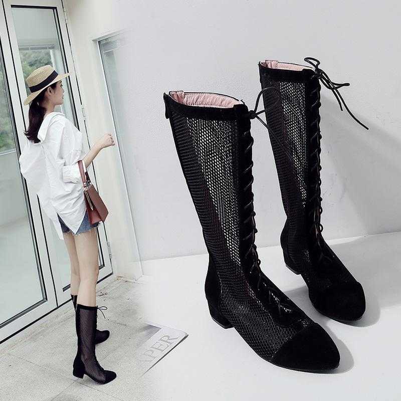 Damen Niedrigabsatz Netzstiefel Frühling und Sommer Neue Dickabsatz Netzstiefel Sexy Vielseitig Große Größe Kerl Coole Stiefel
