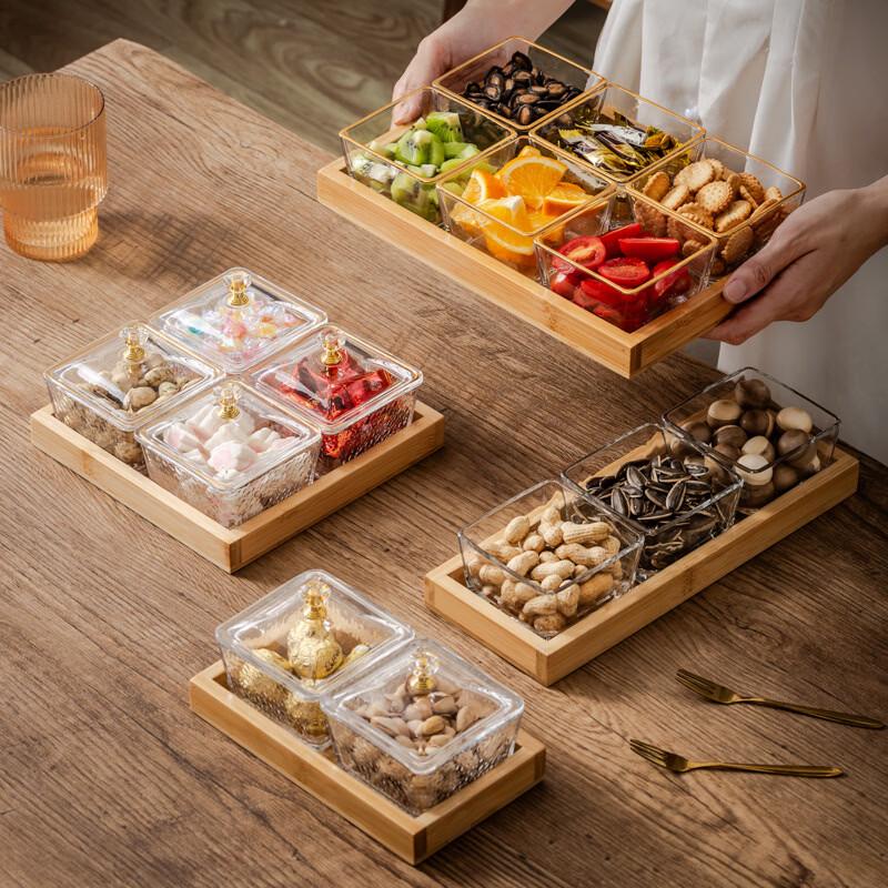 Ru Han Glass Divided Serving Platter with Wooden Tray
