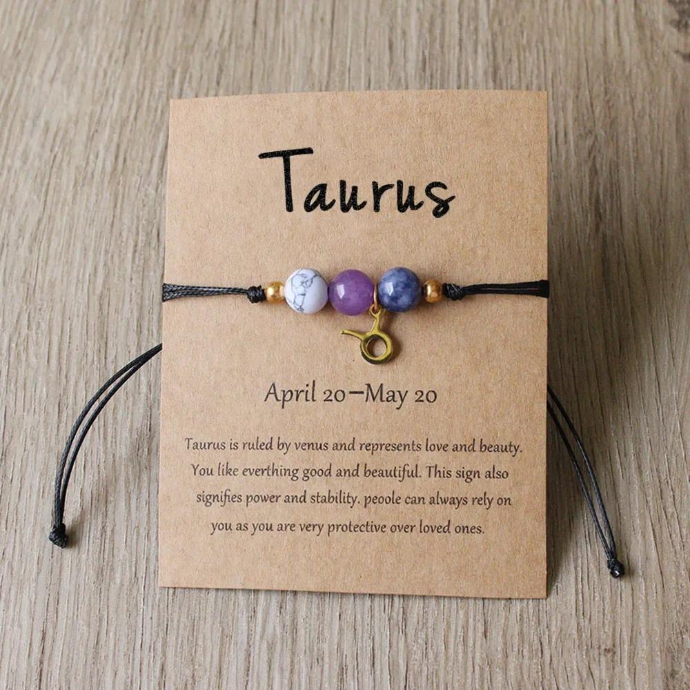 12 Zodiac Signs Natural Stone Handmade Braided Bracelet Minimalist Woven Jewelry for Women Men