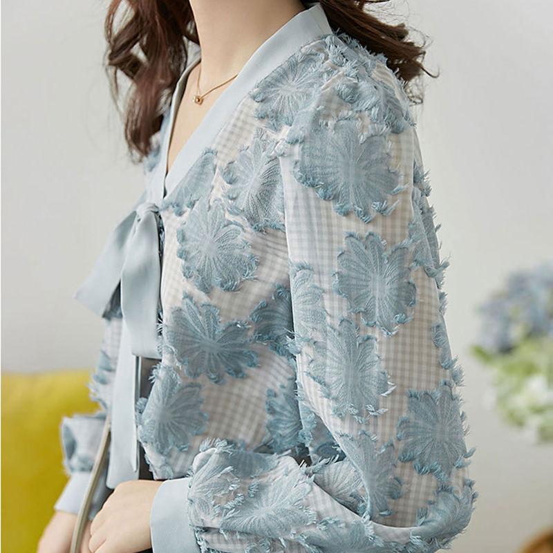 Fashion Commute Women's Applique Lantern Sleeve Shirt 2022 Spring Autumn Female Clothing Solid Color Korean V-Neck Bow Blouses
