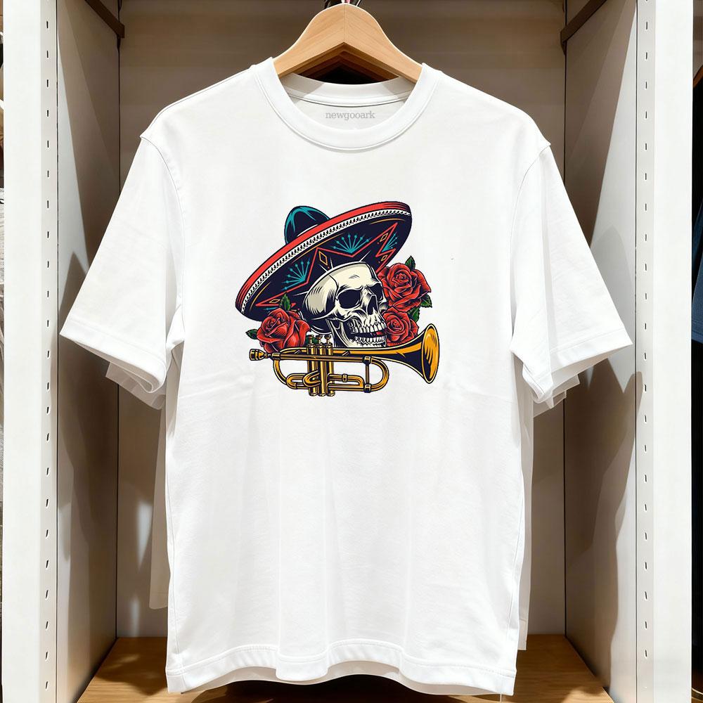 Dia de los muertos Skull with Sombrero Trumpet Red Roses TShirt Women Unisex cotton printed t shirts streetwear camisetas tops tee S