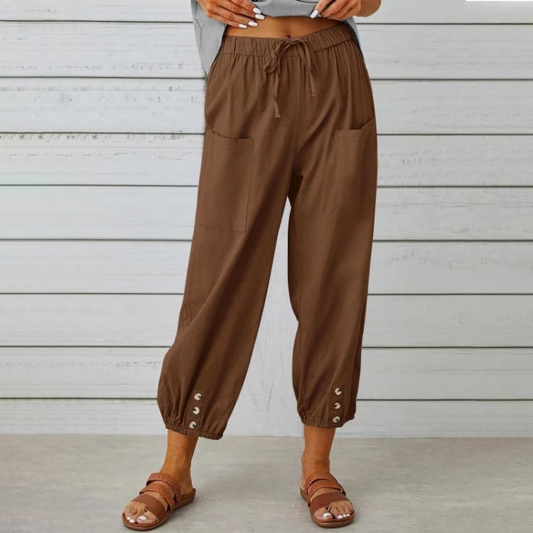 Spring Women Cotton Linen Pants High Waist Wide Leg Trousers Elastic Waist Loose Straight Solid Color Harajuku Female