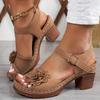 Women's Wedge Sandals - Floral Decor Cross Strap Thick Heel Shoes, Round Toe Comfortable Walking Sandals for Ladies