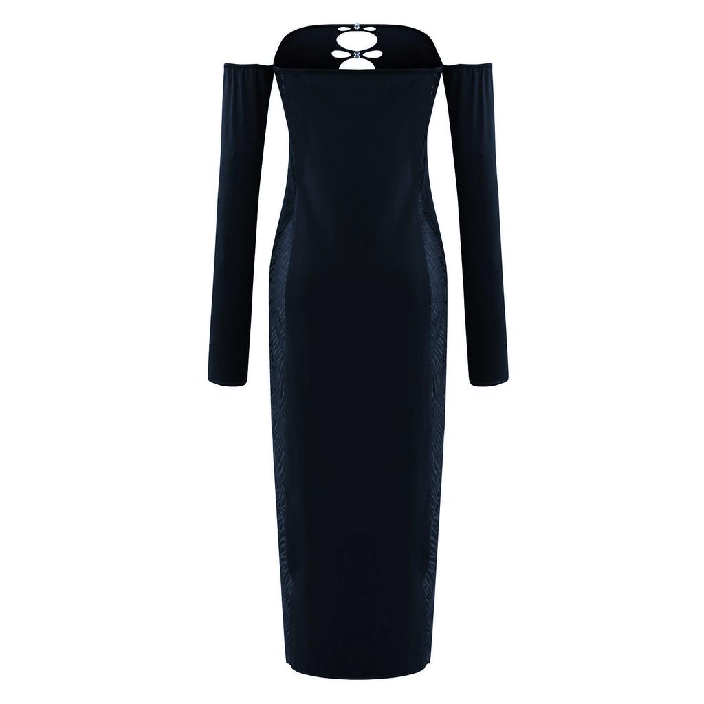 Women's Fashion Mesh Long-Sleeved Hollow Out The Bust Sexy Splicing Package Hip Dress