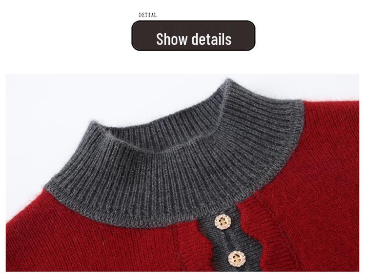 Women's Color Block Plush Wool Sweater with Half-High Collar - Loose, Slimming, Thick Knit Top for Middle-Aged and Elderly Mothers