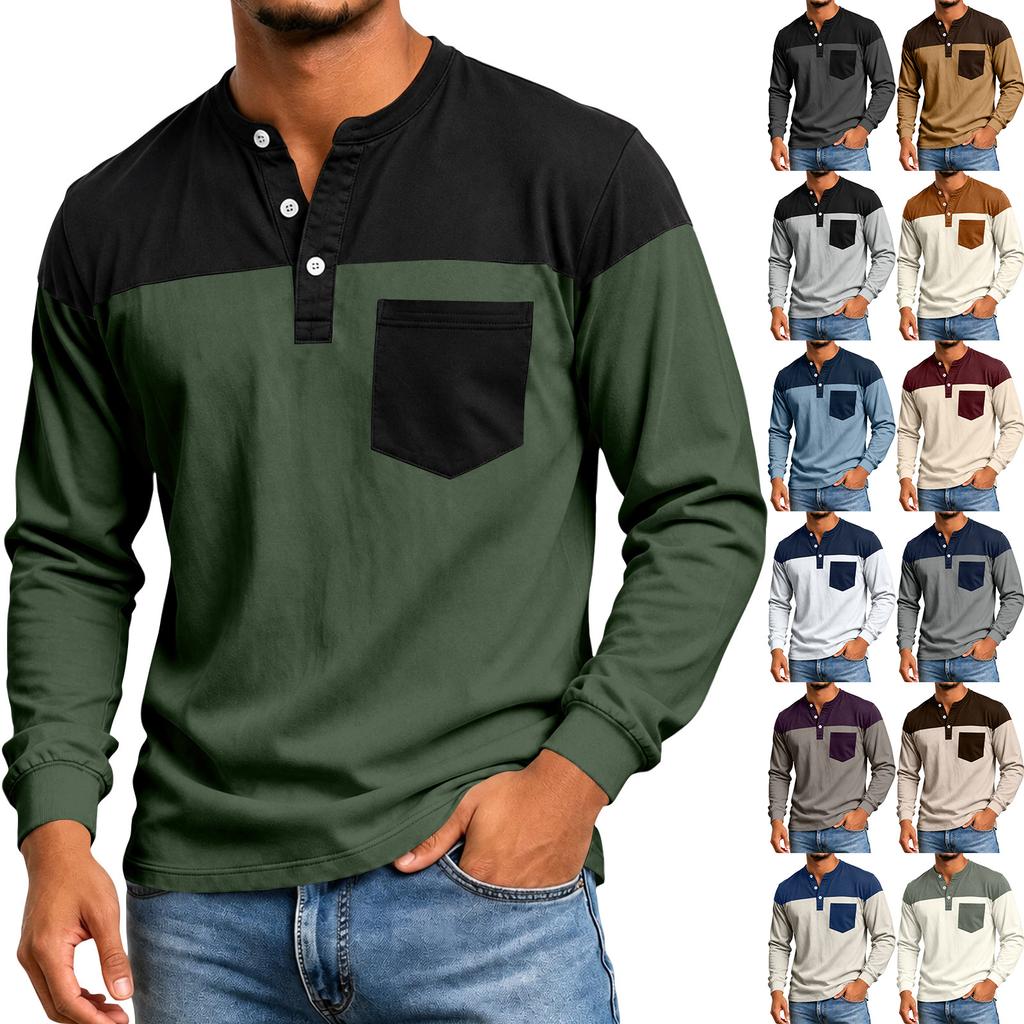 Men's Color Block Long Sleeve Shirt Casual Top for Spring and Fall
