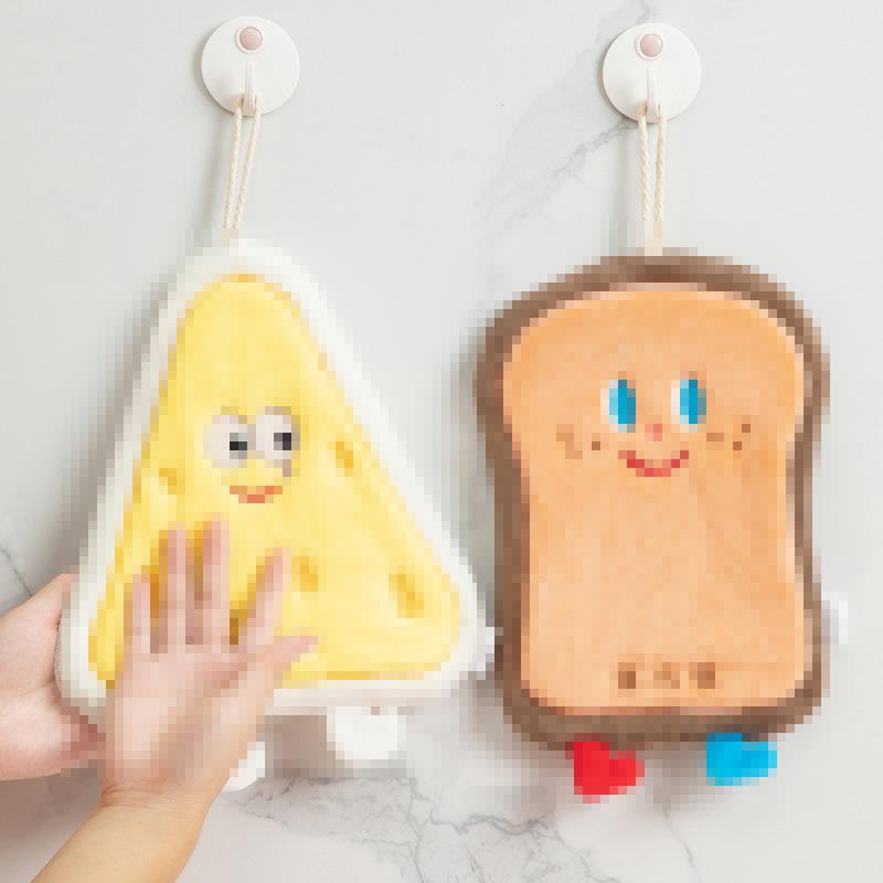 Cute coral fleece cartoon bread cheese hand towel hanging towel soft absorbent bathroom kitchen no hair loss