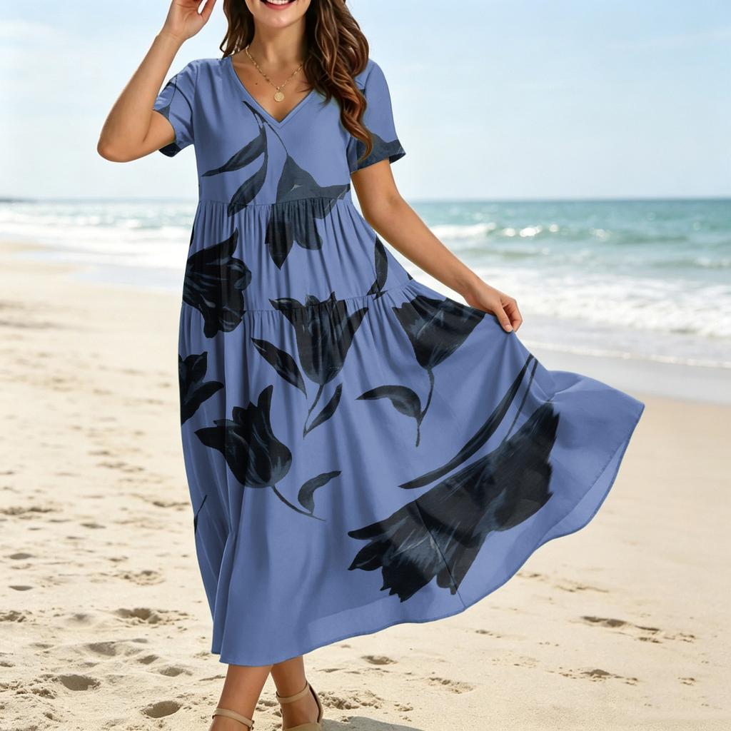 Women Casual Loose Fit Bohemian Style Printed Short Sleeve V Neck Maxi Dress with Artistic Pattern Design