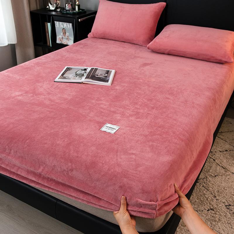 Autumn and Winter A-Class Milk Velvet Bed Sheet Solid Warm Cozy Mattress Protective Cover Bed Linen Protector Fitted Sheet Winter Keep Warm