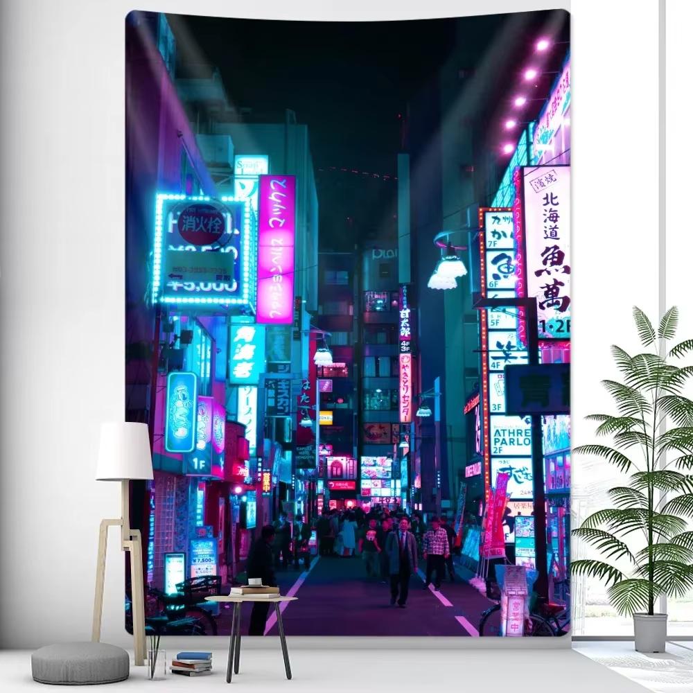 Glowing Tokyo Nightlife Tapestry, Japanese Metropolitan Bohemian Wall Hanging For Bedroom Living Room Hippie Sheet