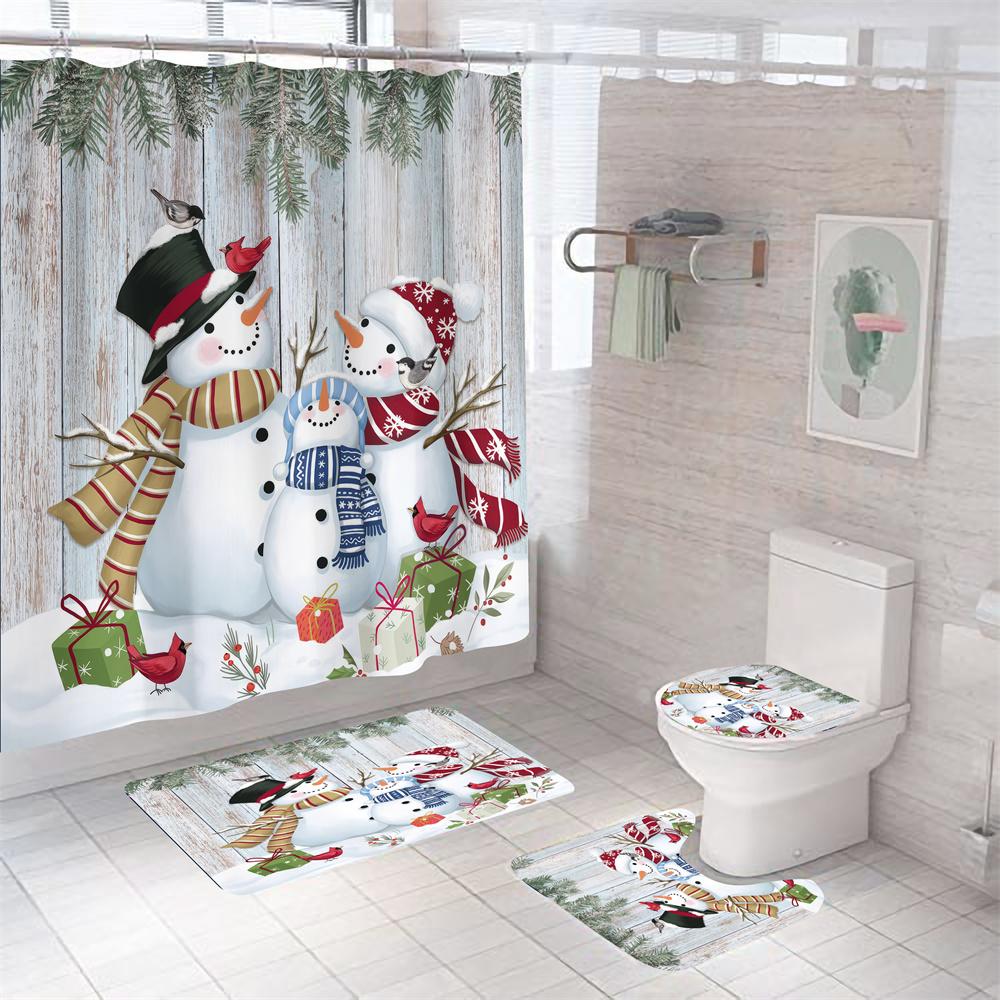 4pcs Merry Christmas Shower Curtain Polyester Shower Curtain Pedestal Rug Set Bathroom Decor Waterproof Curtain