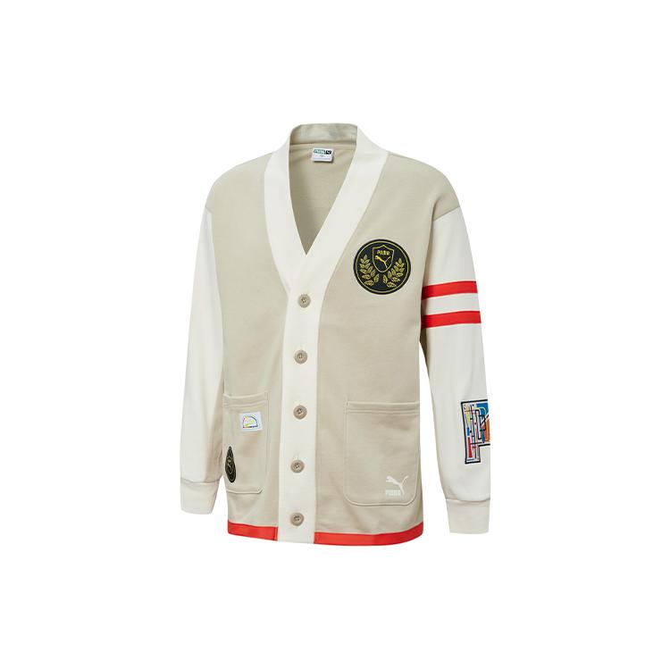 Puma Mix Badge Long Knitwear Unisex Ecru V Neck Moderate Cardigan 537004-64