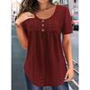 Summer Loose Solid Color T-shirt, Crew Neck Short Sleeve Button Detail Pleated Front Top for Women, European American Casual Crossbody Apparel