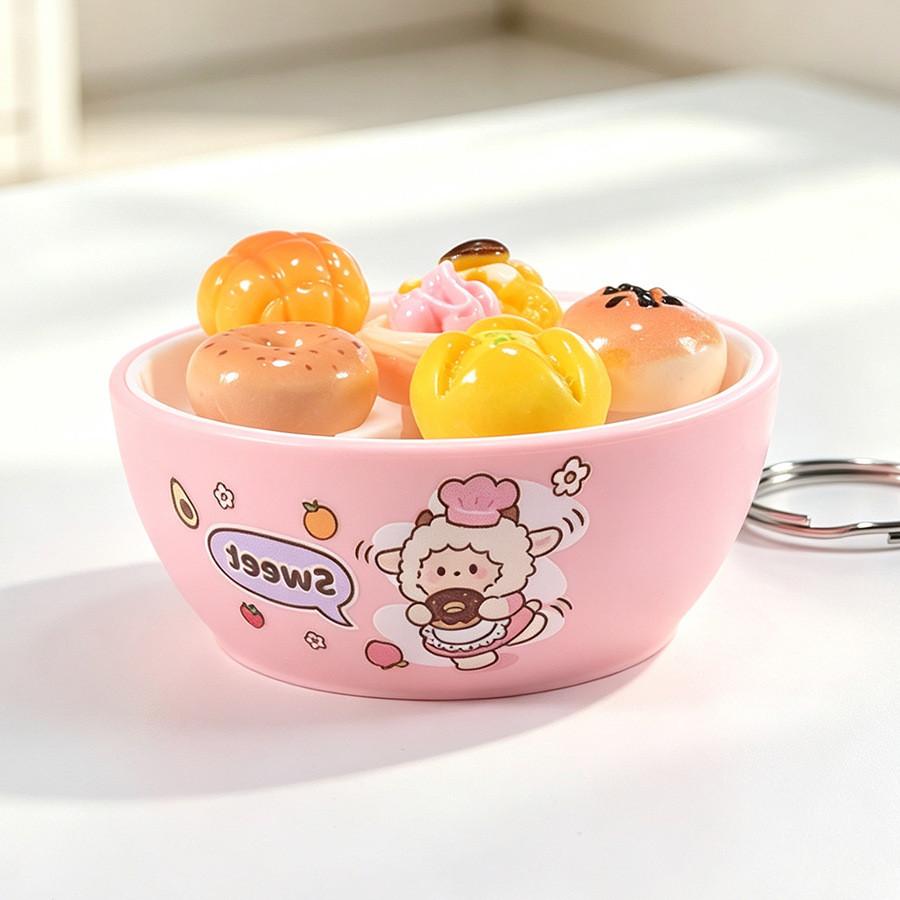 Plastic Mini Bread Squeeze Toy Keychain With Cartoon Pattern For Kids And Teens