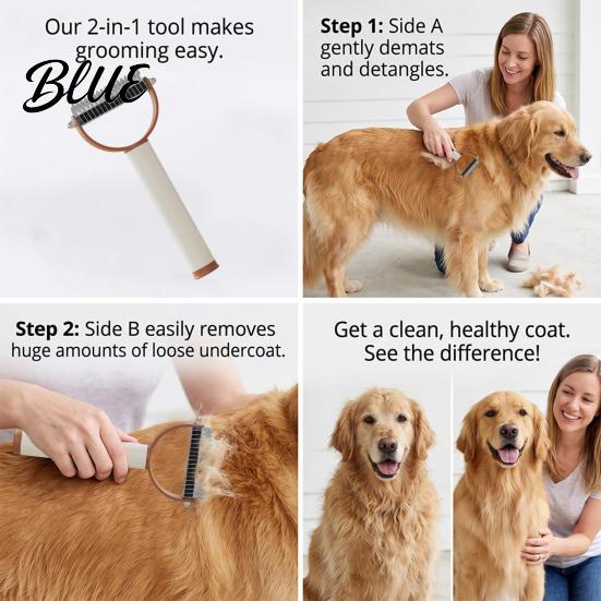Dog Grooming Comb Pet Detangling Comb Dual-Sided Dematting Tool Safe Undercoat Rake Deshedding Tool Stainless Steel with Sticky Hair Remover