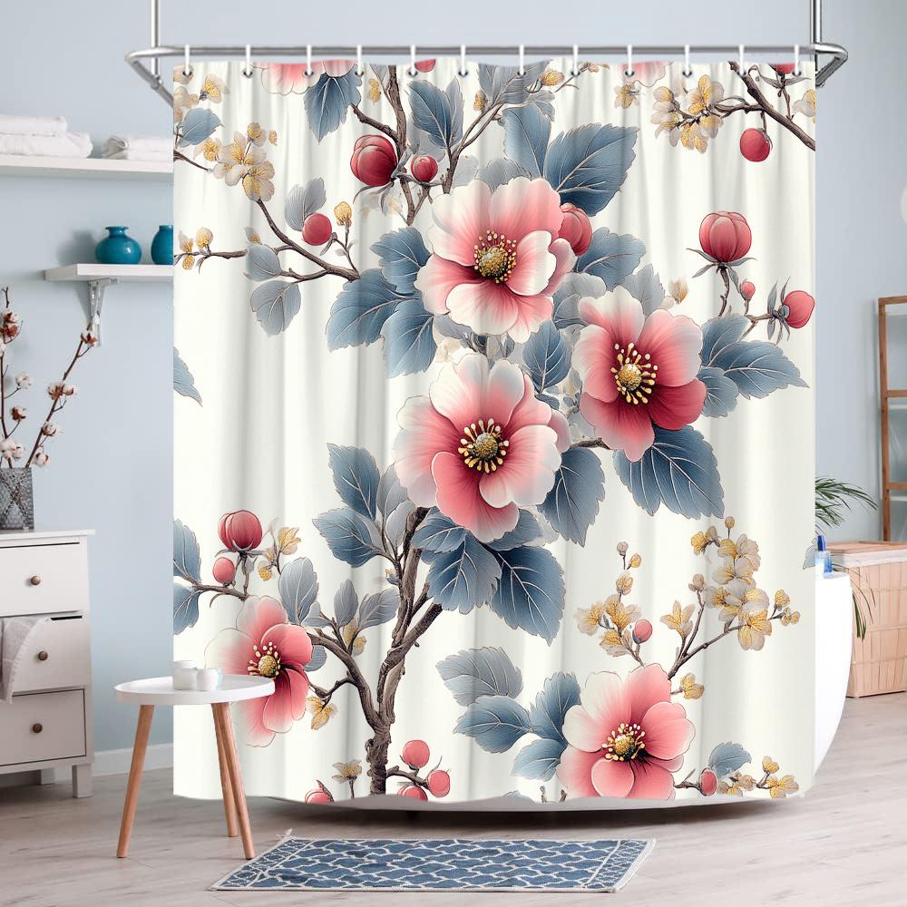1Pc Romantic Peony Floral Shower Curtain - Large Pink And White Peonies On A Cream Background, Polyester Fabric With Hook