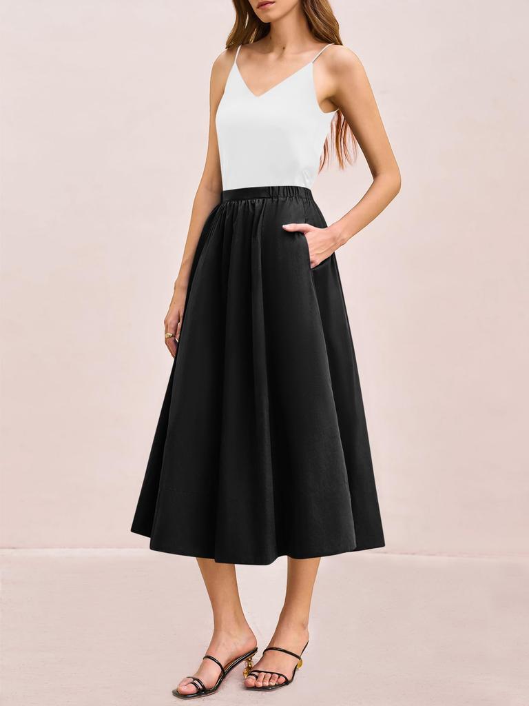 Women's Elastic High Waist A Line Midi Skirt Pleated Flowy Swing Skirt with Pockets