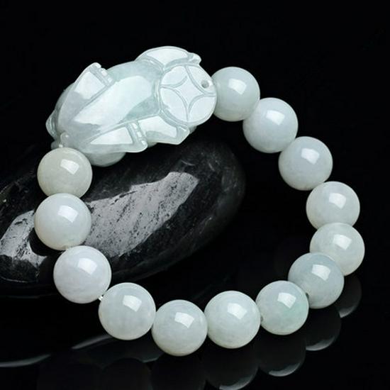 Certified A-Grade Burmese Jade Pixiu Bracelet with Round Beads