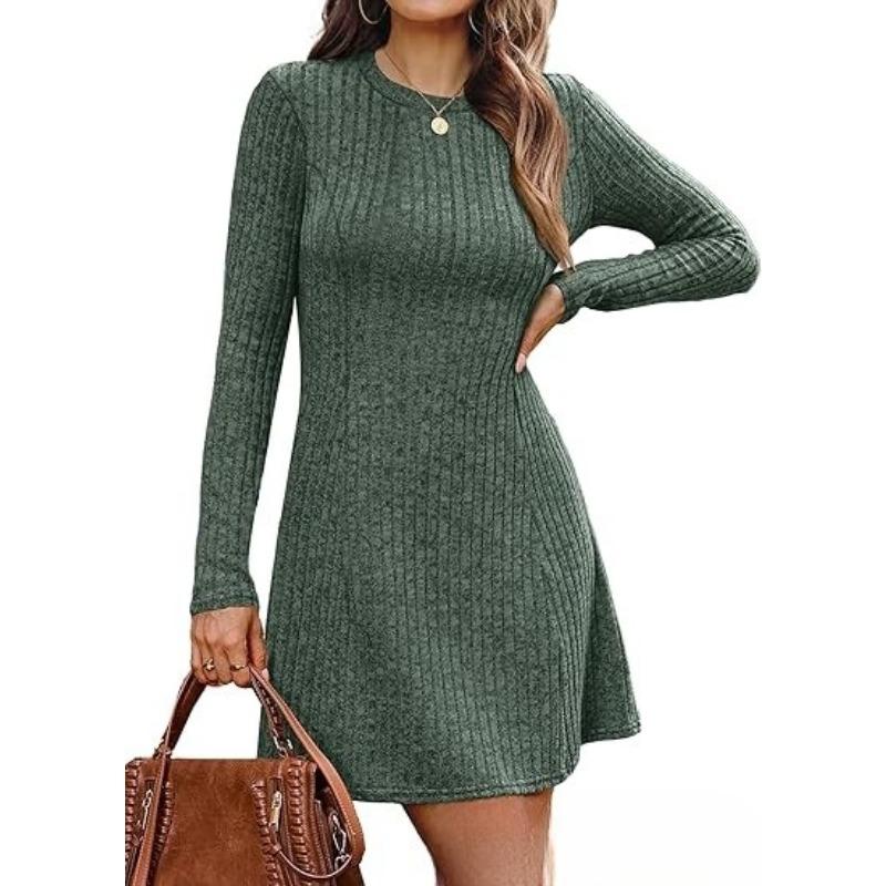 JKASHDK Women's Fashion Spring Fall Solid Color Print Long Sleeve O-Neck High Waist  Casual Dresses