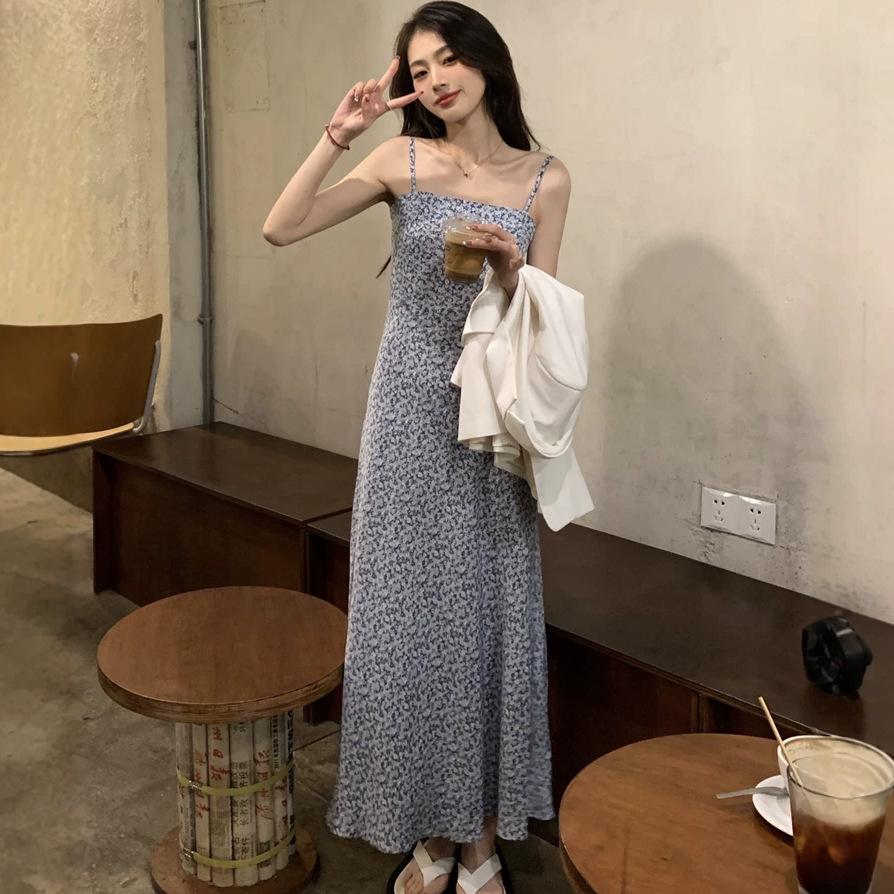 Fresh Mori style floral suspender slim dress women's summer sexy and thin one-word collar A-word medium and long skirt