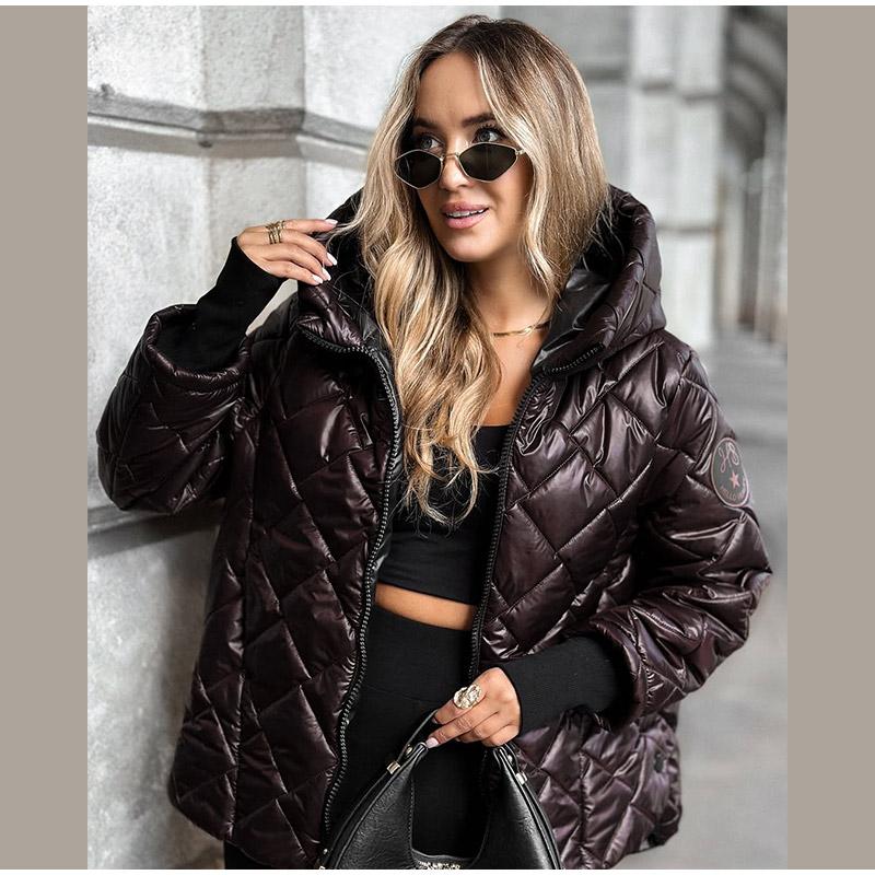 Tendenza Moda Autunno Inverno Nuova Griglia a Pressione a Forma di Diamante Giacca Calda Imbottita in Cotone Larga con Cappuccio