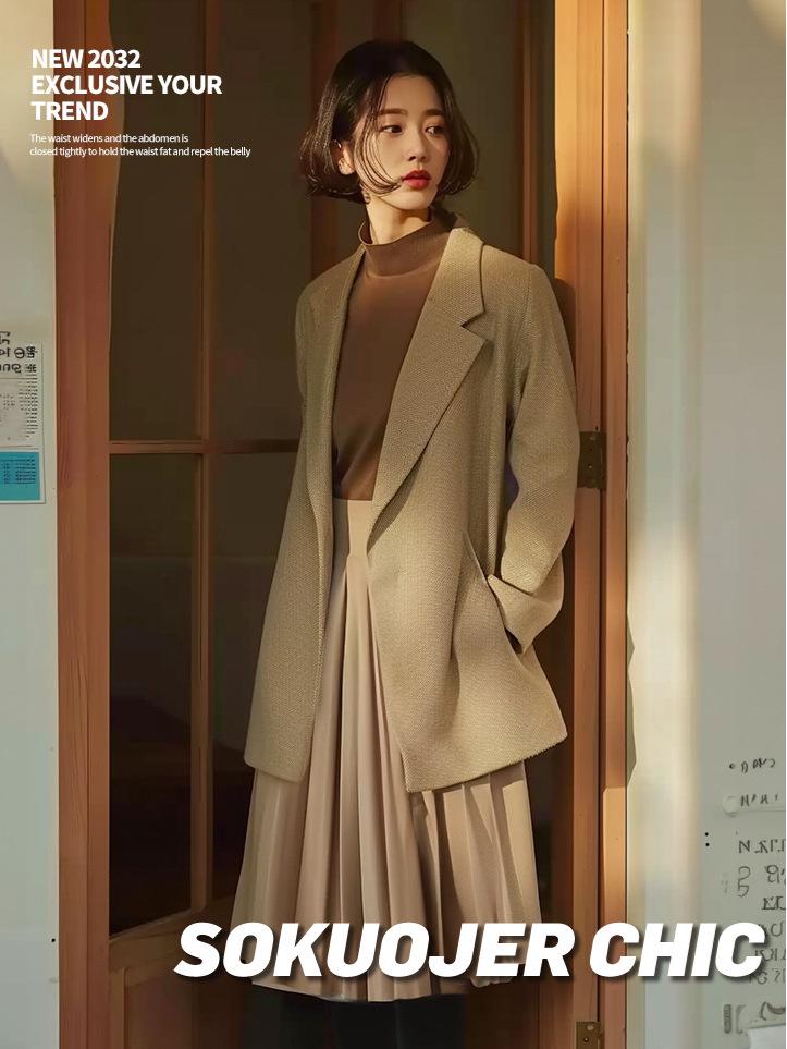 Högkvalitativ medellång plisserad A-linjeformad kjol med resår i midjan för kvinnor - Mångsidig höst/vinterstil