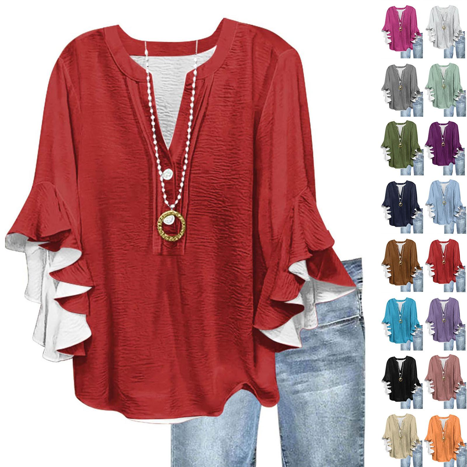 

Women s Fashion Casual Button V-Neck Seven Sleeve Vintage Solid Color Shirt Top S чорний