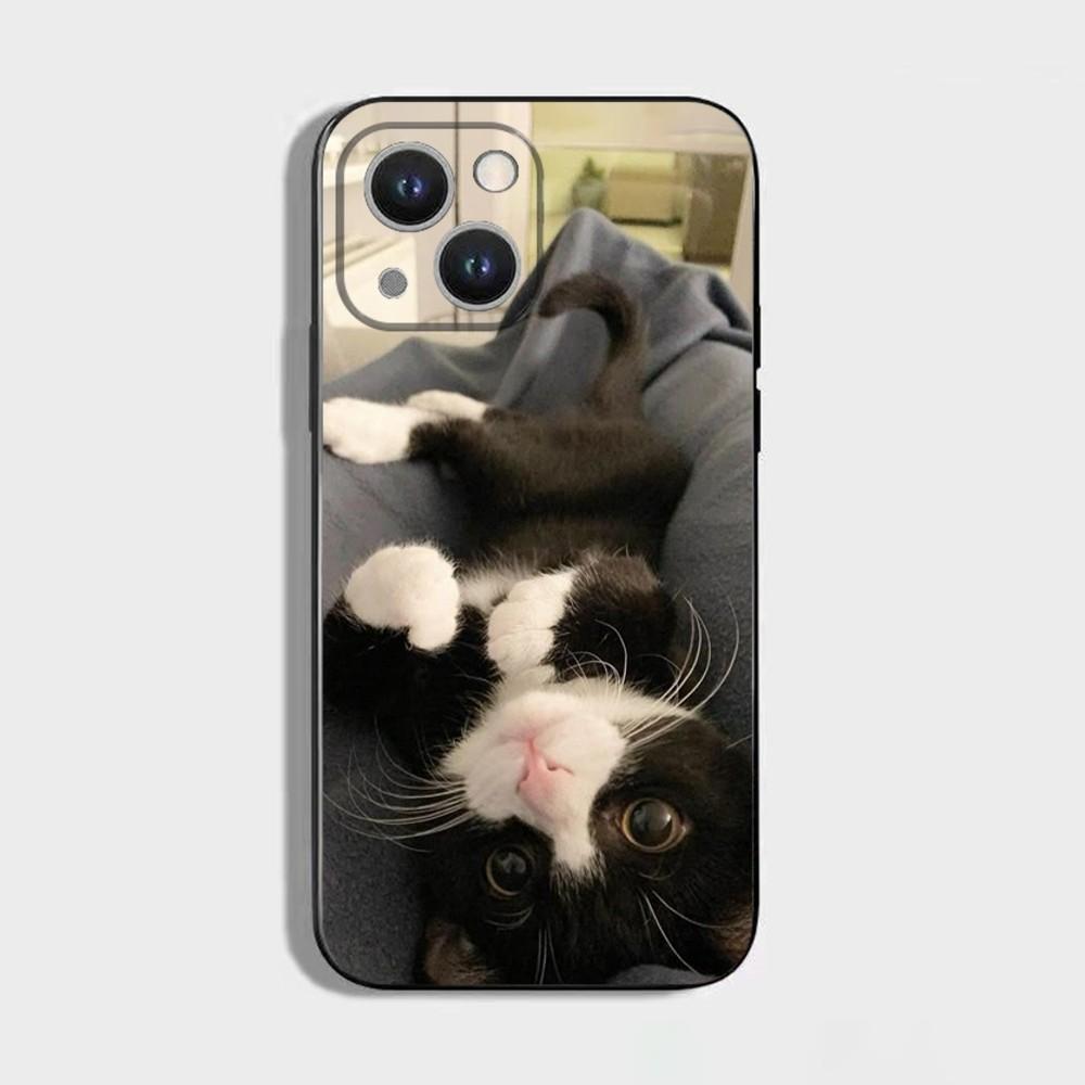 

1PC Cute Black and White Cat Phone Case For iPhone 16 15 Plus 14 13 Pro Max 12 Mini 11 X XS XR 7 8 8Plus Black Soft Phone Coque iPhone11PROMAX