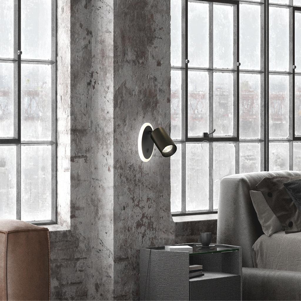 Modern Round Black Wall Sconce Spot Swivel 1Xgu10 + 5W LED Variable Color Parma Light Prestige