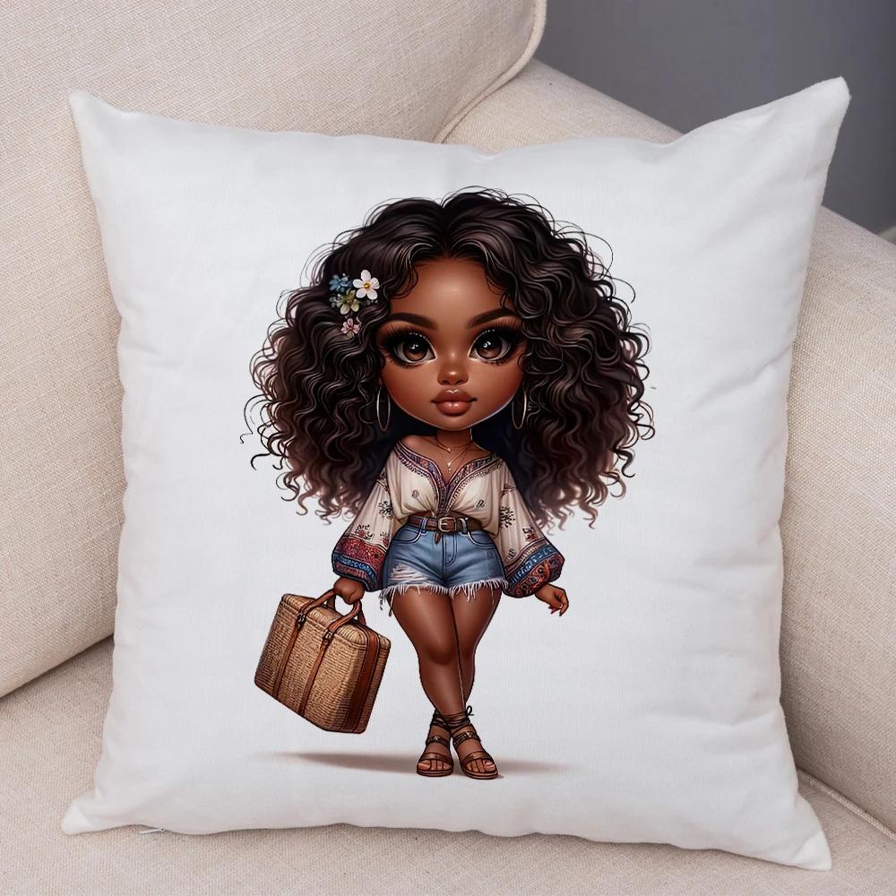 Fashion Cartoon African Girl Pillow Case Soft Plush Cushion Cover for Sofa Home Decor Cute Black Women Throw Pillowcase