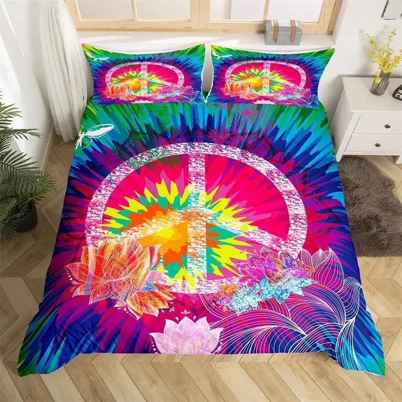 3D Hippie Peace Symbol Colorful Pattern Chic Exotic Flower Comfortable Duvet Cover Pillowcase Bedding Set Children Home Textile