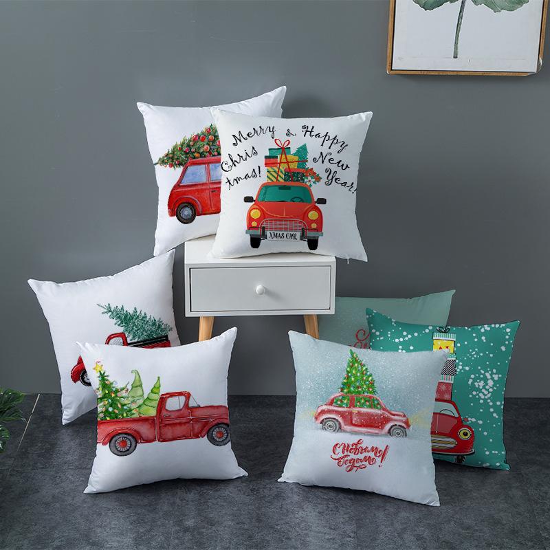 Red Car Christmas Tree Santa Cushion Cover Christmas Pillowcase Home Sofa Chair Bed Pillowcase