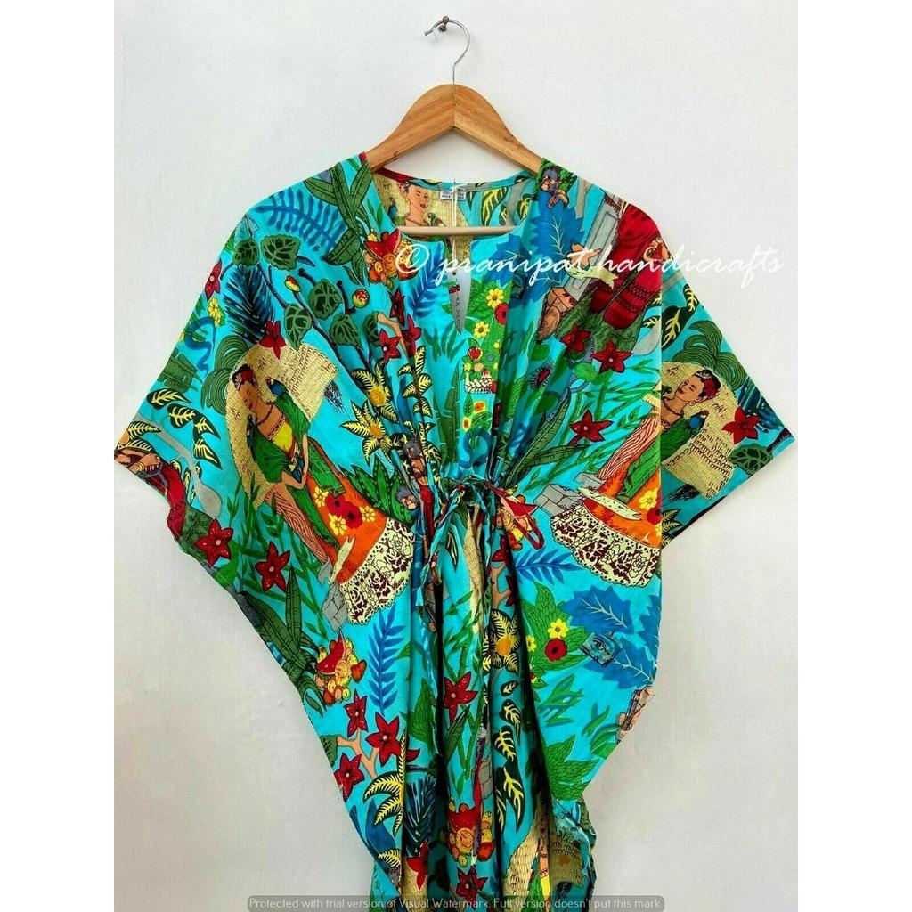Indisches, türkises, langes Frida-Kahlo-Print-Maxikleid aus Baumwolle für Damen, Nachtwäsche, Kaftan, CKFTN-SCRN-FULL-BUYIT-043