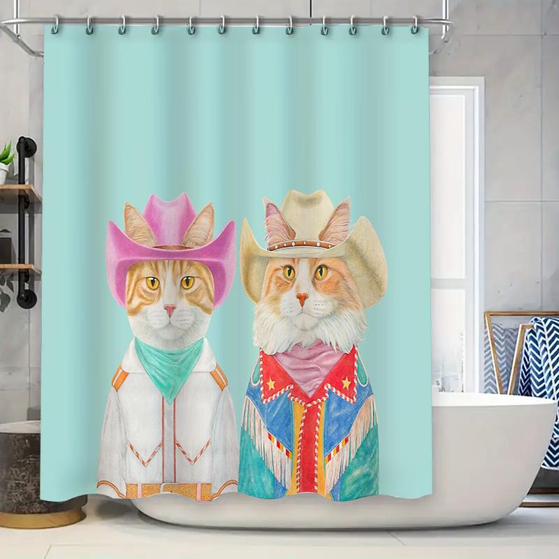 

Cat Western Shower Curtain Cowboy Kitten Bathroom Decor Farmhouse Rustic Home Decor Unique Gift Novelty Shower Curtain 90x180cm