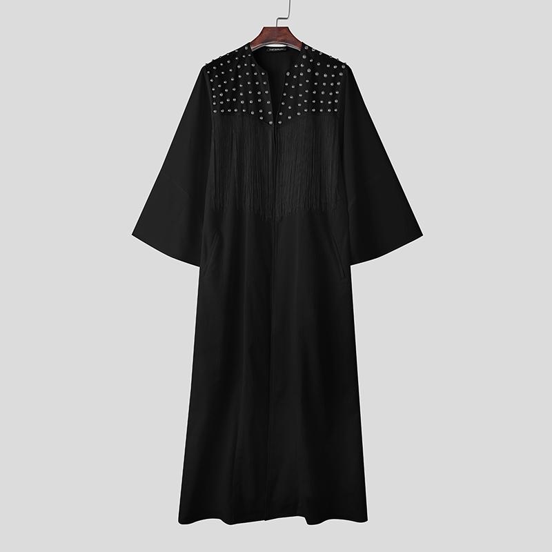 INCERUN Men Long Sleeve Open Front Tassel Rivet Patchwork Long Cardigan Tops