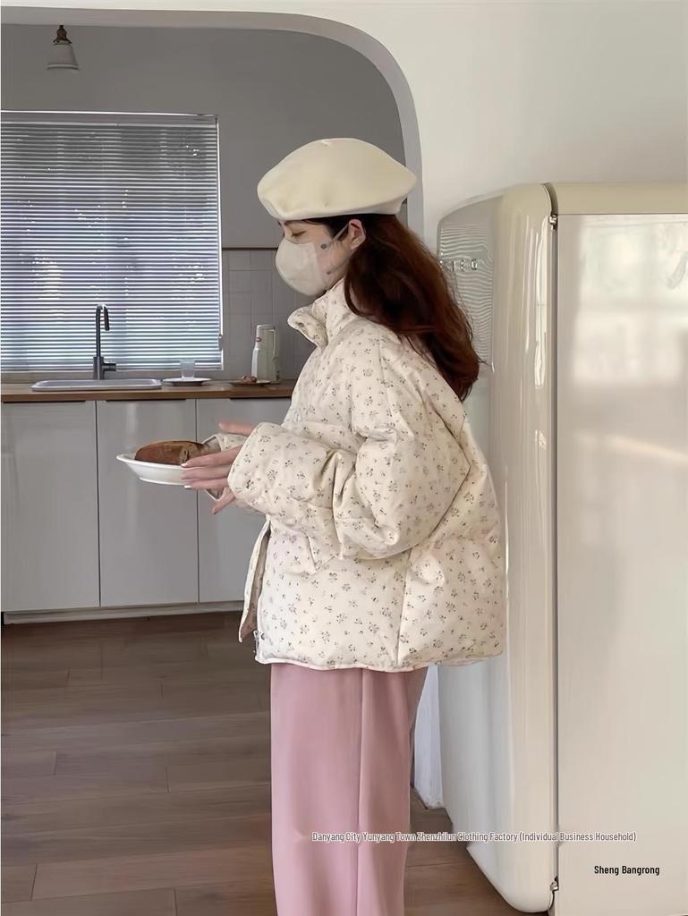 2024 Winter Women's Floral Down Cotton Jacket – Loose Fit, Korean Cute Academy Style