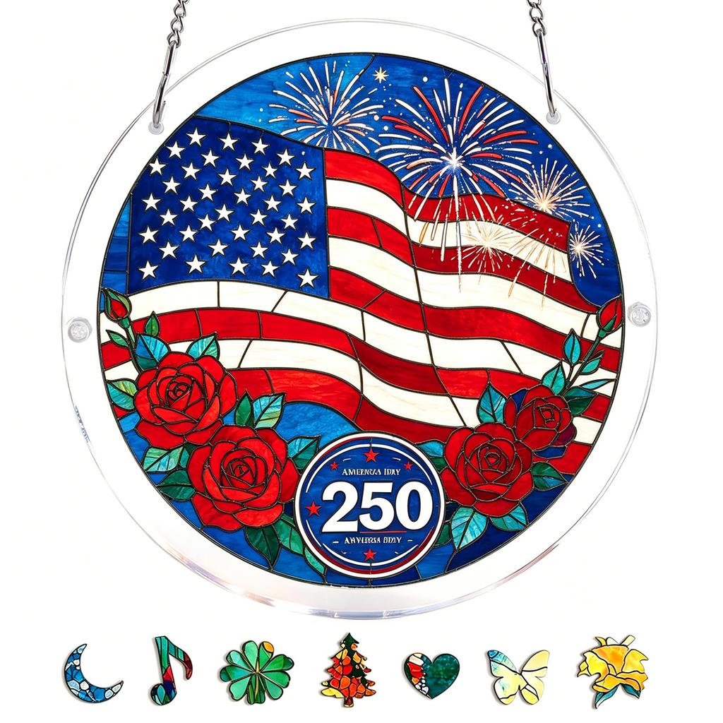 250th Anniversary USA Suncatcher Glass Window Hanging Independence Day Home Garden Decor Gift 1776 2026 Round Panel