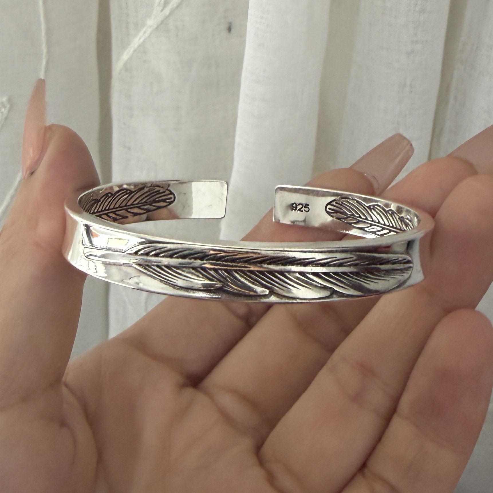 

100% Solid 925 Sterling Silver Retro Bracelet for Women Geometric Vintage Feather Pattern Shape Simple Bracelet Birthday Gift