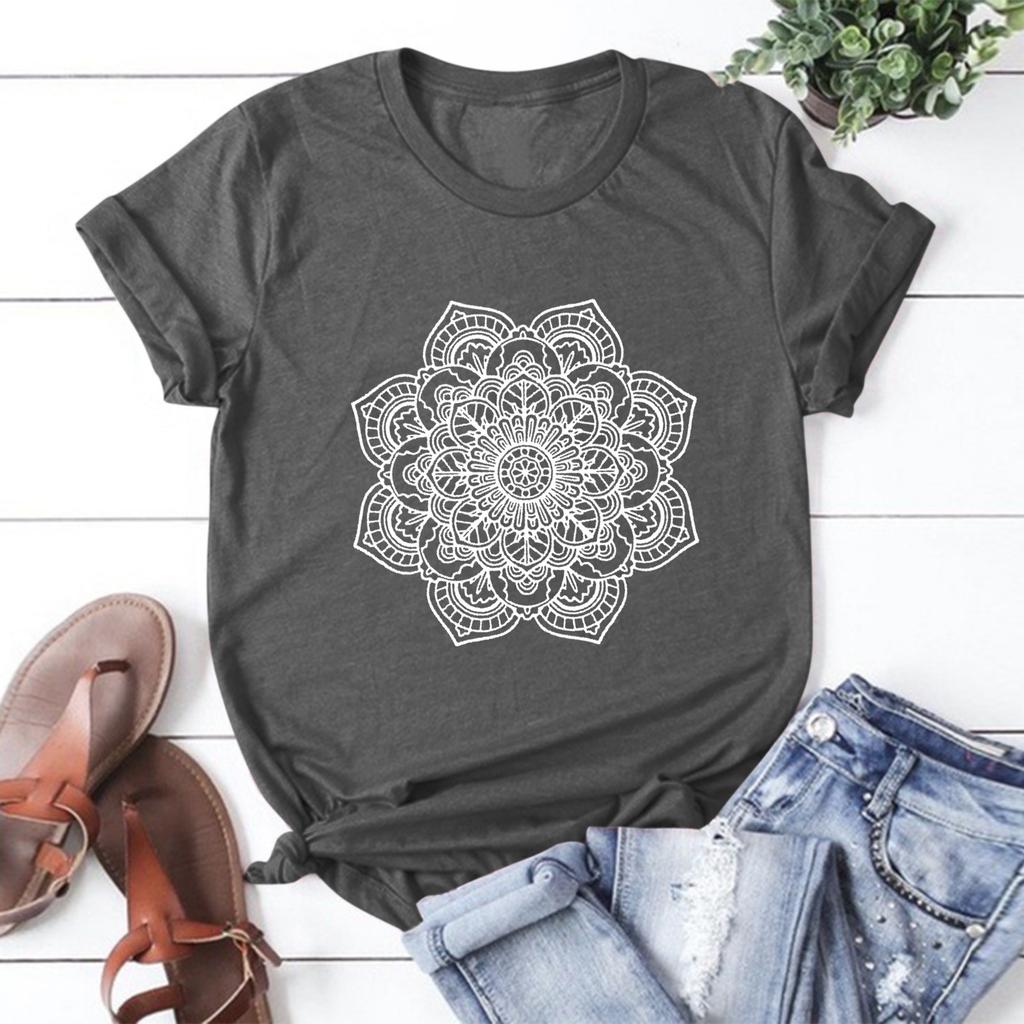 Women's Fashion Casual Round Neck Short Sleeve Flower Print T-Shirt Top