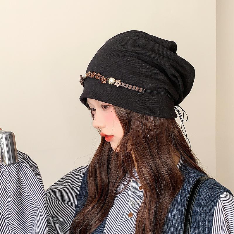 Spring and Autumn Fringed Beaded Big Head Circumference Breathable Versatile Pile Hat Woman