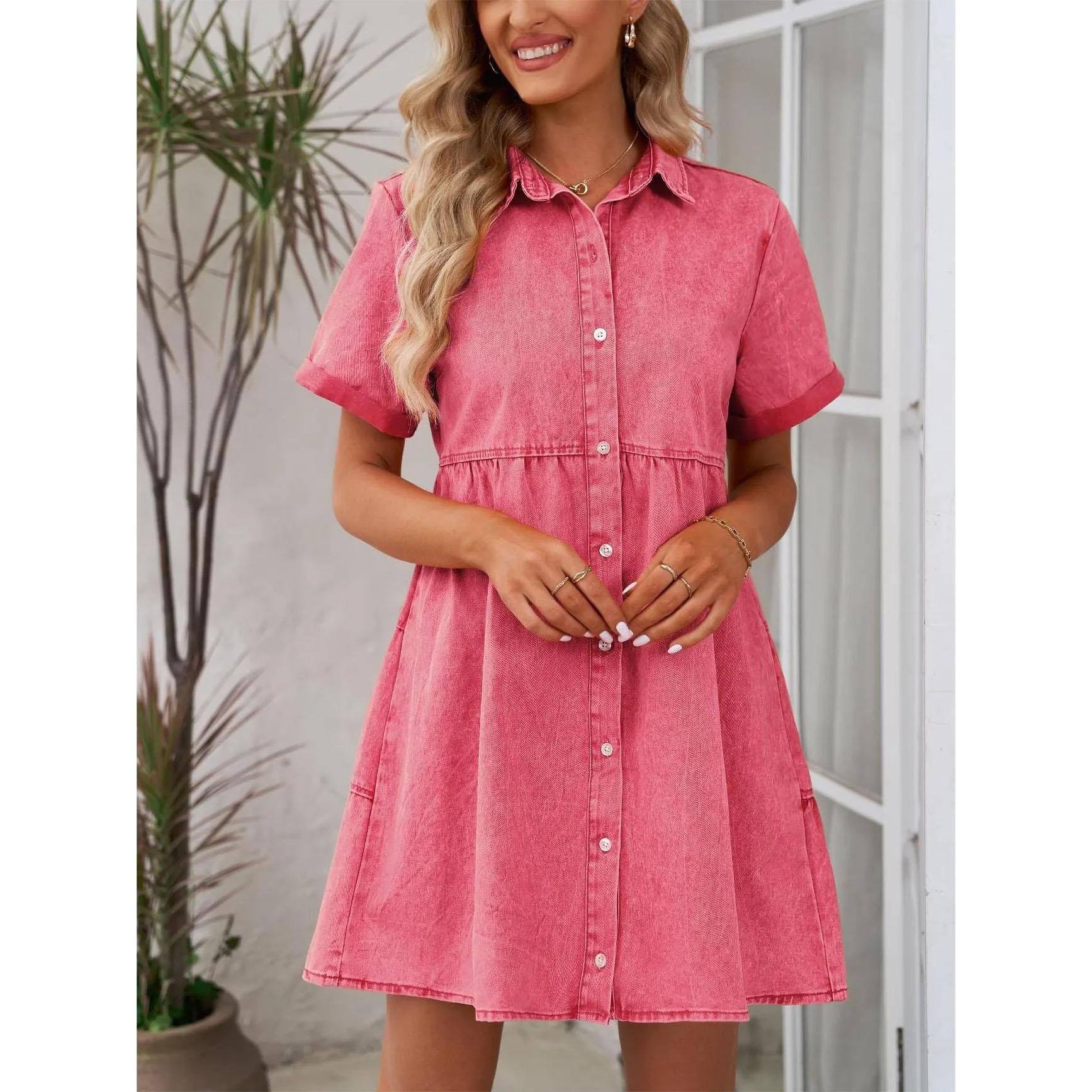 

Жіночі джинсові сорочки з коротким рукавом, відкладним коміром, джинсова сукня, однобортний повсякденний топ, вільний жіночий сукня з рюшами L темно-рожевого кольору