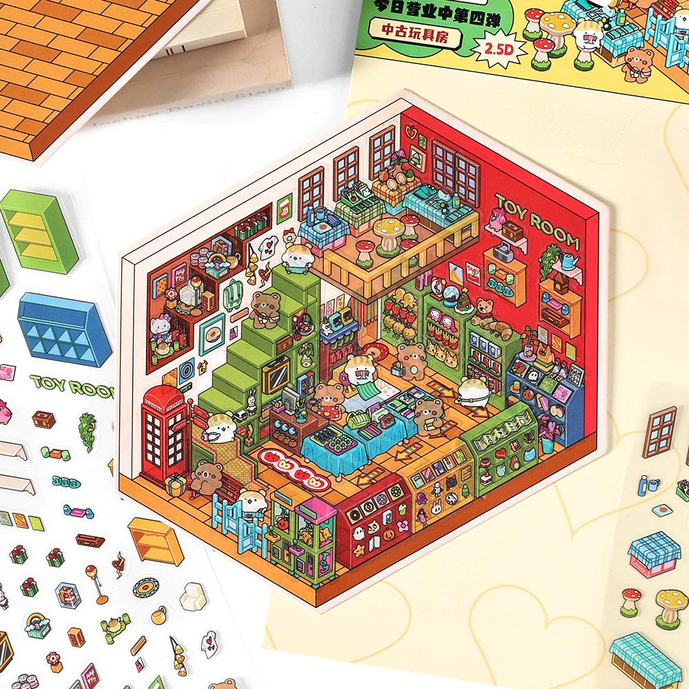 Infeelme 2.5d Stereoscopic Landscape Stickers Today'S Business Vol 4 Pack For Hand Account Diy Decoration Candy Shop Toy Room