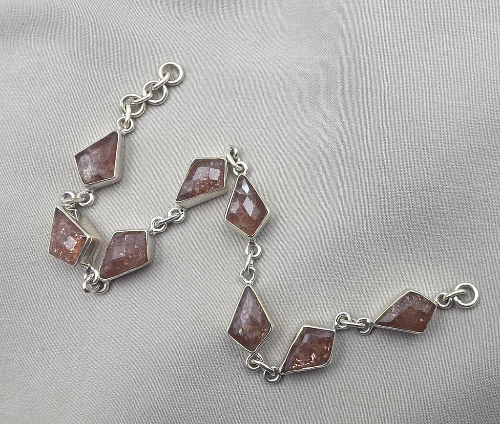 925 Sterling Silver Natural Sunstone Bracelet Handmade Gemstone Link Jewelry