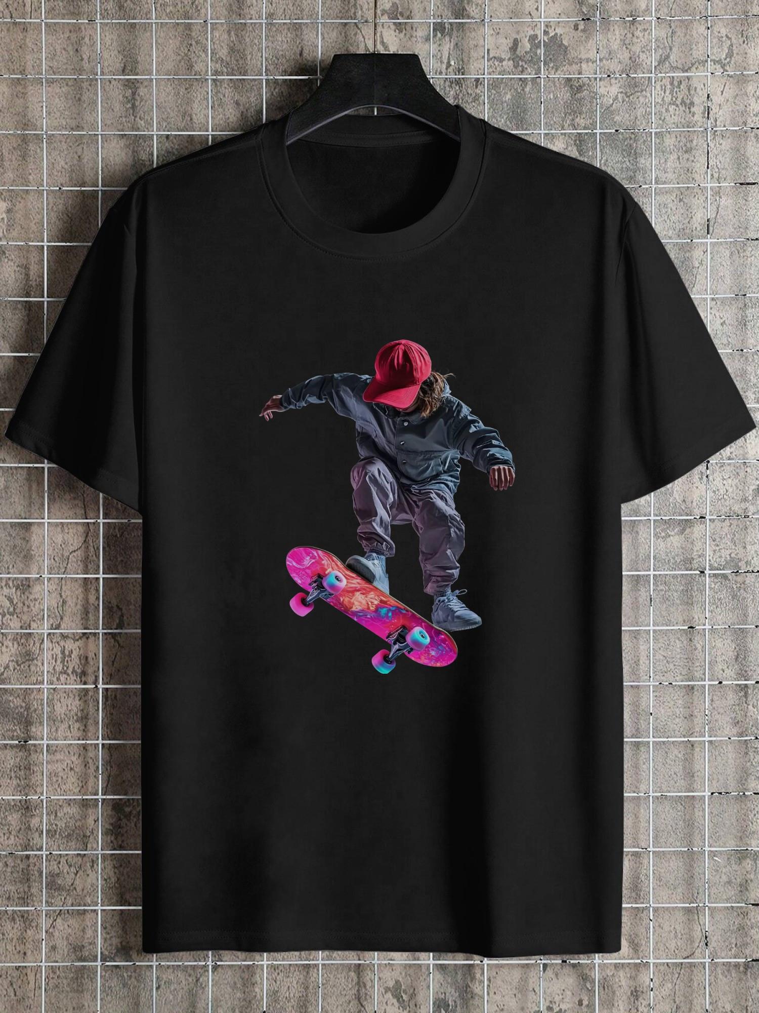 1pc Skateboarding Graphic T-shirt - Black with Vibrant Pink Skateboarder Print XXXL