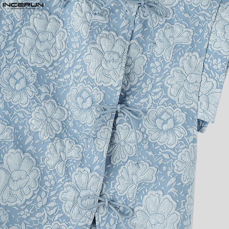 INCERUN Camisetas Casuales para Hombre de Verano Vintage de Manga Corta con Textura y Flores